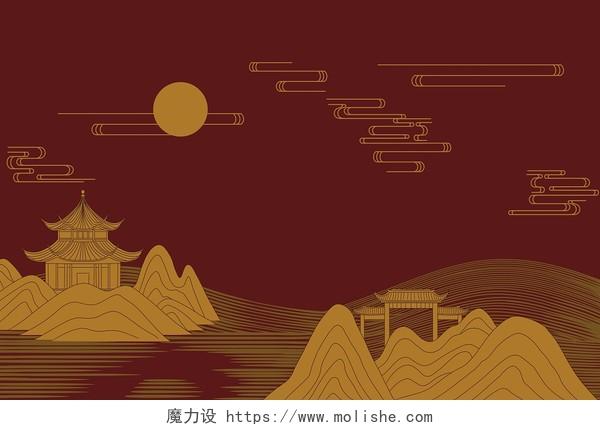 新中式背景烫金线条金色山水阁楼建筑景观海报插画